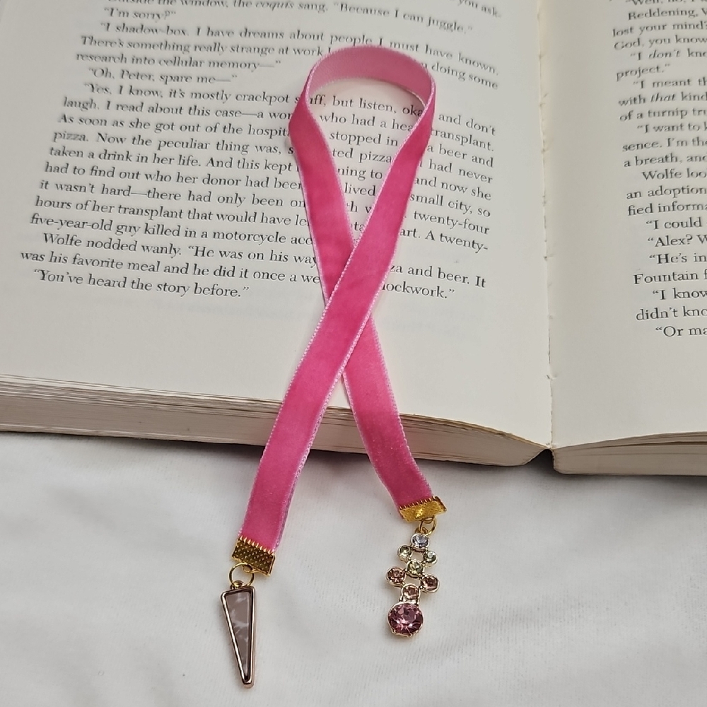 Handmade Pink Velvet Ribbon Beaded Bookmark Tassel Charms DIY Book Mark